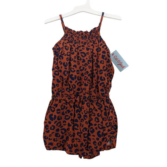 Cat & Jack Animal Print Romper XS Orange Girls‎ Smocked Sleeveless One Piece 4/5 - Picture 1 of 11